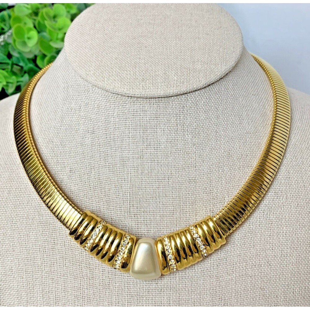 Vintage Napier Gold Tone Collar Necklace Faux Pearl Omega Choker 16"
